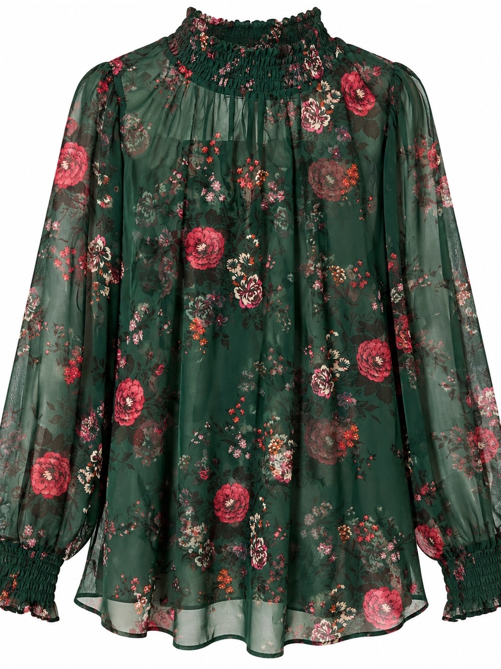 NWT Torrid Dark Green Sheer Floral Smocked-Neck Blouse